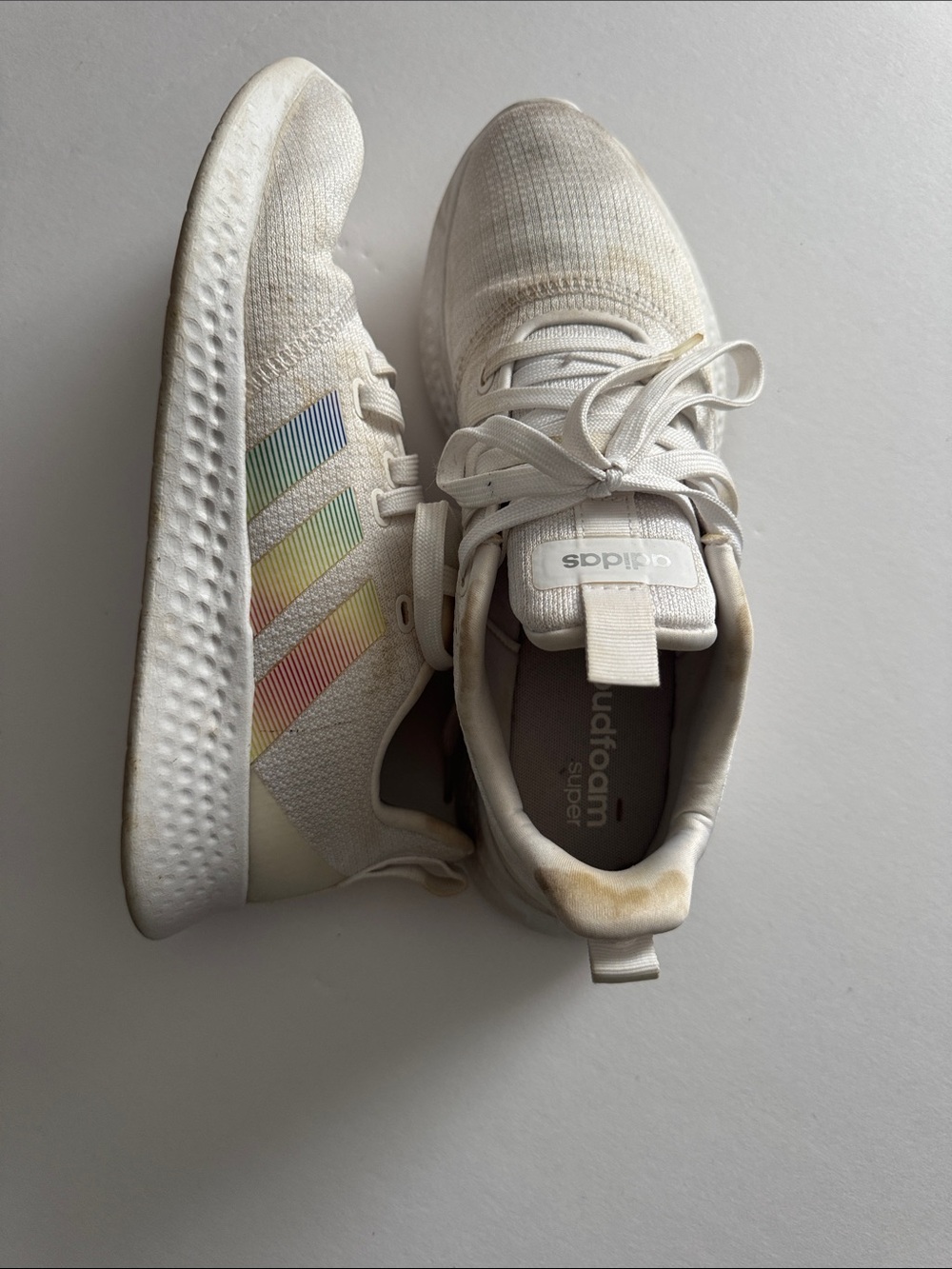 adidas Kids White Knit Sneakers with Rainbow Stripe Accents